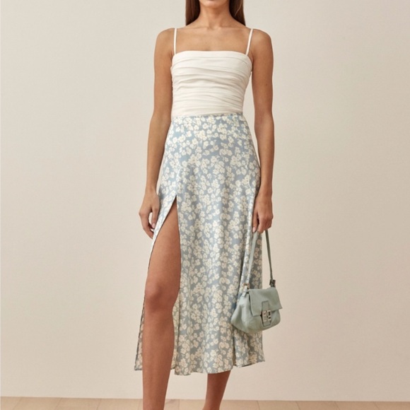 Reformation Dresses & Skirts - Reformation Zoe Midi skirt blue floral high slit size 4